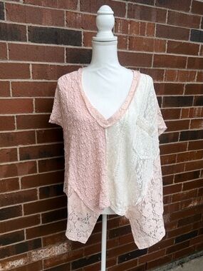 POL Oversized Lace Patchwork Boho Tunic Top Pink Ivory Cottagecore S